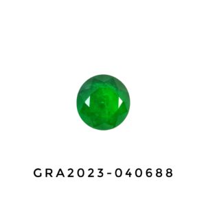 A GRA lab certificate window displaying a premium 5.49-carat natural Zambian emerald with a round modified brilliant cut, featuring a striking vivid green color and excellent face-up symmetry.