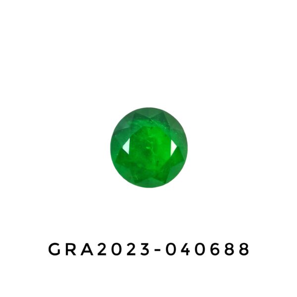 A GRA lab certificate window displaying a premium 5.49-carat natural Zambian emerald with a round modified brilliant cut, featuring a striking vivid green color and excellent face-up symmetry.