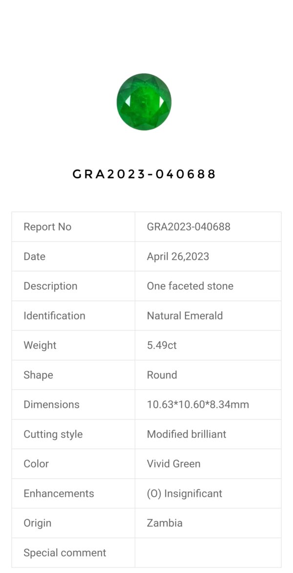 A GRA lab certificate window displaying a premium 5.49-carat natural Zambian emerald with a round modified brilliant cut, featuring a striking vivid green color and excellent face-up symmetry.