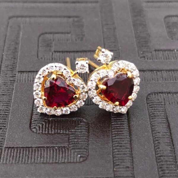 Natural Pigeon Blood Ruby Earrings – Heart Shape 1.10 & 1.04 Carats – 38 Pieces Natural Diamonds – 18K Gold – Luxury Jewelry