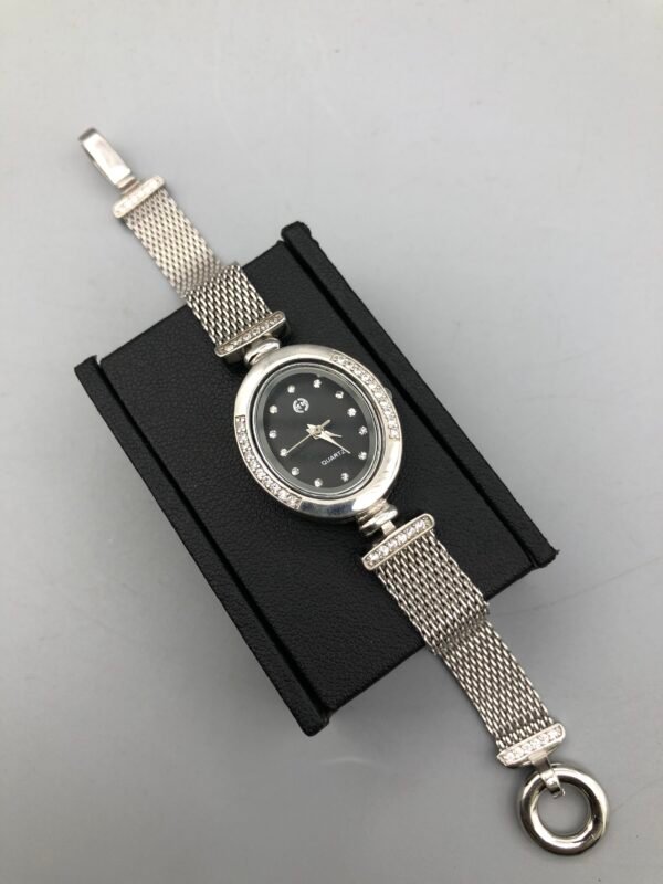 Quartz Sterling Silver 925 Ladies Watch – Made in Italy – Black Dial – Elegant Mesh Bracelet