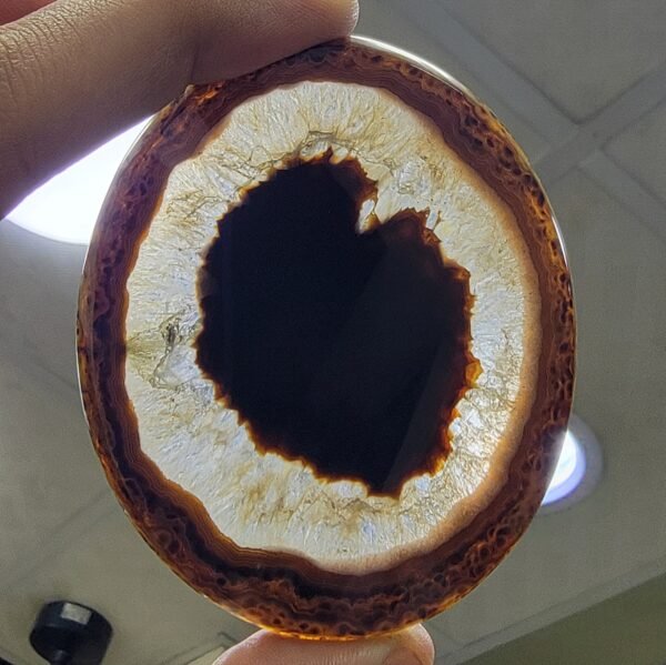 Natural Brown Banded Agate Slice with Dark Heart Geode & Druzy Crystal