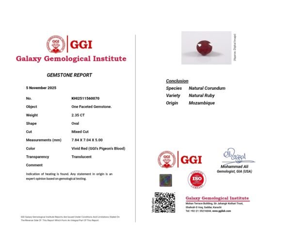Natural Mozambique Ruby – 2.35 Carats – Vivid Red (Pigeon’s Blood) – GGI Certified