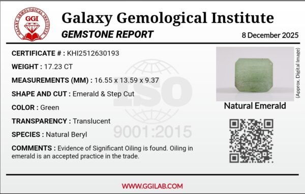 Natural Emerald – 17.23 Carat – Origin Chitral Valley (Pakistan) – GGI Certified