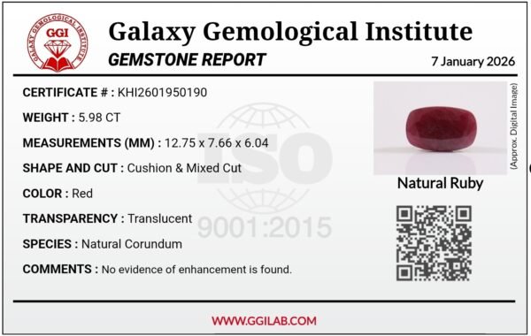 5.98 carat natural red ruby gemstone GGI certified unheated cushion cut