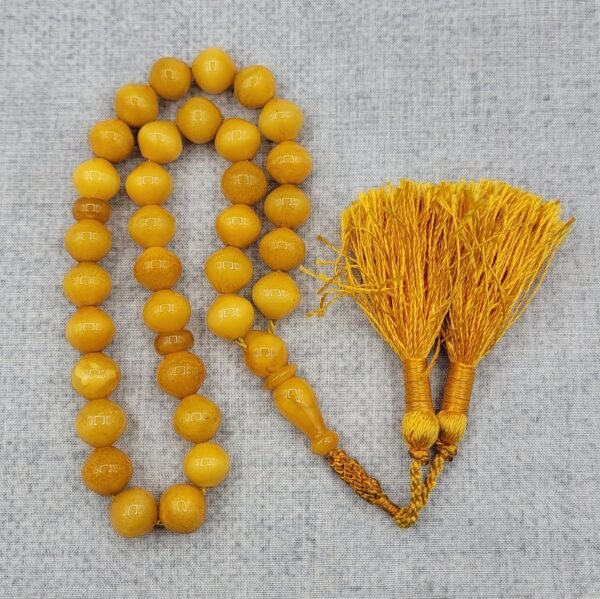 Natural Baltic Amber Tasbeeh (Misbah) with 33 round polished yellow amber beads, Germany origin, total weight 24 grams, traditional twin tassel.