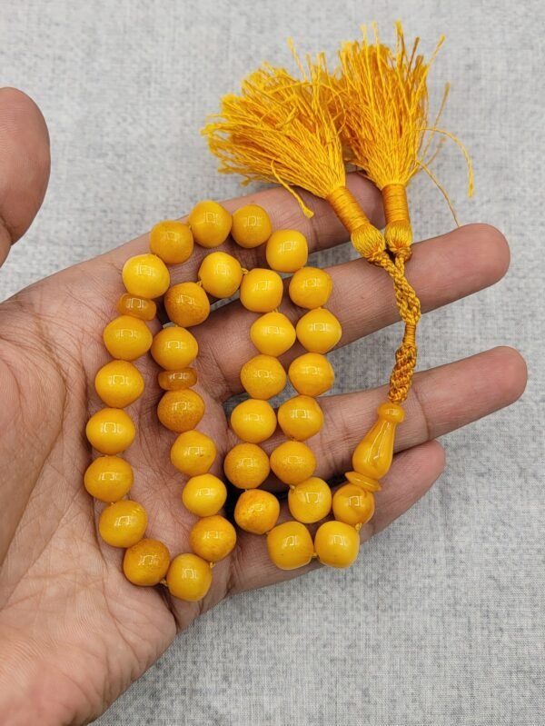 Natural Baltic Amber Tasbeeh (Misbah) with 33 round polished yellow amber beads, Germany origin, total weight 24 grams, traditional twin tassel.