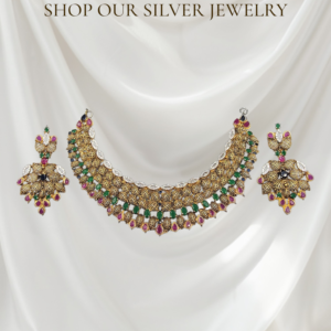 925 silver gold plated necklace and earring set weighing 57.43 grams with artificial ruby, emerald, and zircon gemstones