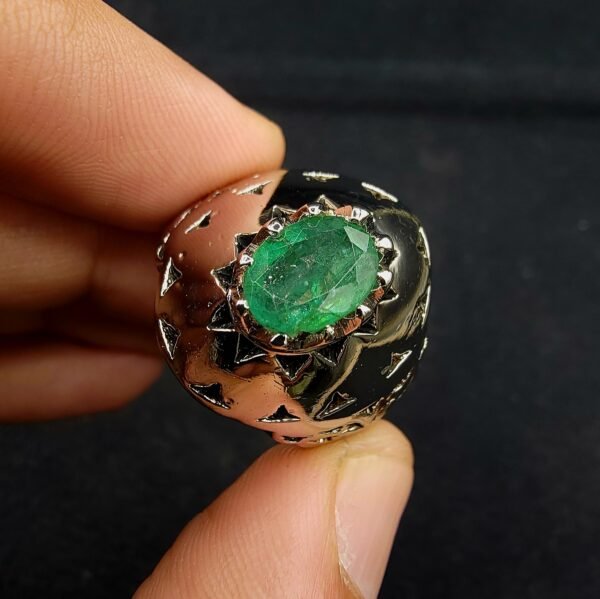 Natural Zambian emerald gemstone set in handmade 925 sterling silver ring crafted in Faisalabad Pakistan