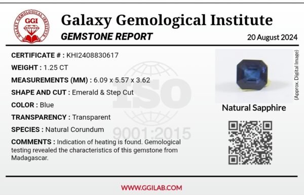 Natural Blue Sapphire – 1.25 Carat – GGI Laboratory Certified