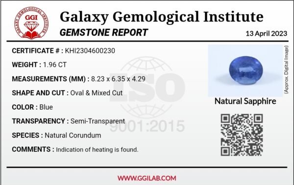 Natural Blue Sapphire – 1.96 Carat – Burma Origin – GGI Laboratory Certified