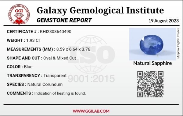 Natural Blue Sapphire – 1.93 Carat – Burma Origin – GGI Laboratory Certified