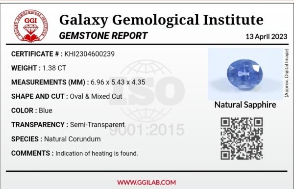 Natural Blue Sapphire – 1.38 Carat – Burma Origin – GGI Laboratory Certified