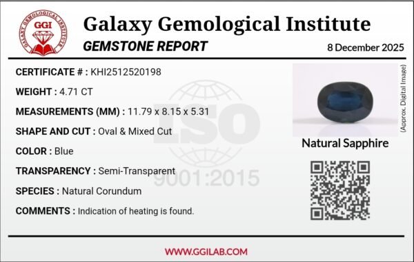 GGI Certified Natural Blue Sapphire (KHI2512520198), 4.71 carat, blue oval mixed cut, semi-transparent. Available for sale in Karachi, Pakistan.
