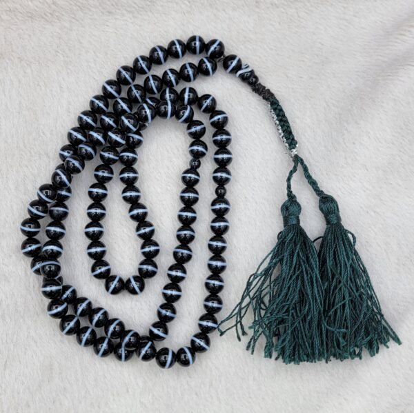 Natural Black Banded Agate (Sulemani Aqeeq) Tasbeeh – Adjustable Macrame Closure – 100 Beads – Origin Egypt