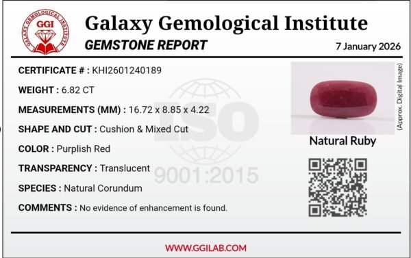 6.82 carat natural ruby gemstone GGI certified unheated purplish red cushion cut