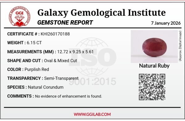 6.15 carat natural ruby gemstone GGI certified unheated purplish red oval cut
