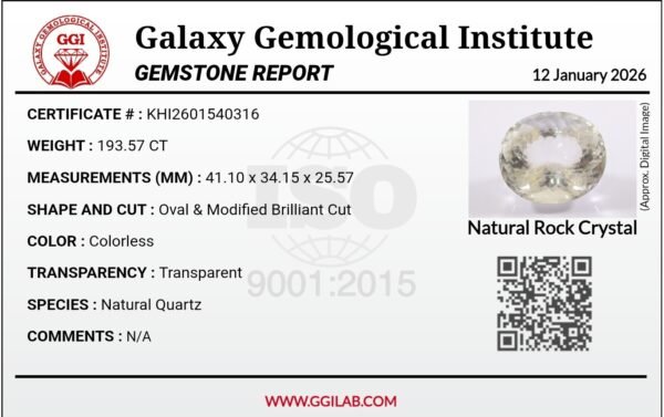 Natural Rock Crystal 193.57 carat oval modified brilliant cut colorless quartz gemstone GGI certified