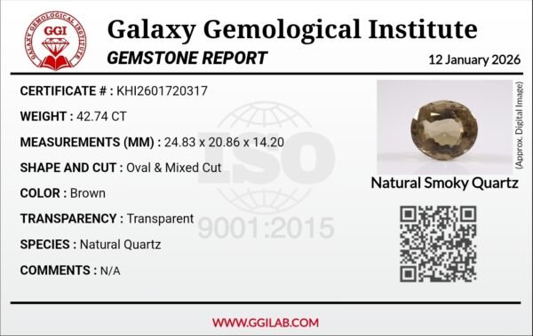Natural Smoky Quartz 42.74 carat oval mixed cut transparent brown gemstone GGI certified