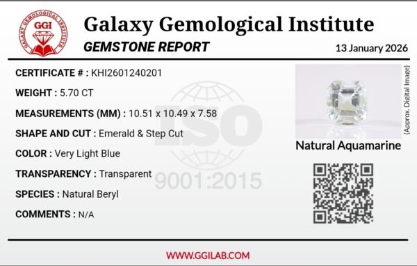 Natural Aquamarine 5.70 Carat Emerald Step Cut Very Light Blue Certified Gemstone