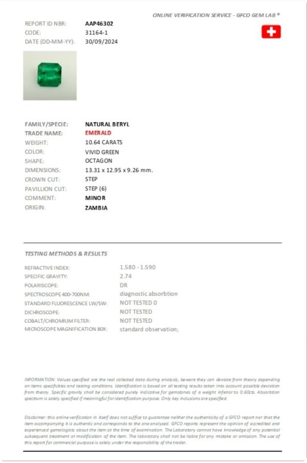 GFCO certificate of natural emerald 10.64 carat vivid green octagon step cut gemstone from Zambia