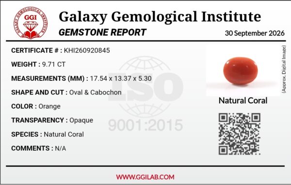 Official digital gemological laboratory report card from Galaxy Gemological Institute (GGI) dated September 30, 2026, certifying a 9.71-carat natural orange coral oval cabochon.