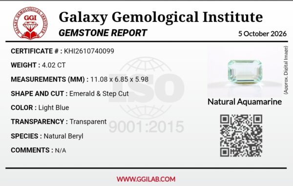 Official Galaxy Gemological Institute (GGI) certificate detailing a 4.02-carat natural light blue aquamarine with emerald and step cut dimensions, accompanied by a digital image of the loose gemstone.