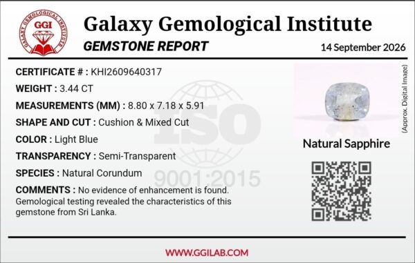 Official Galaxy Gemological Institute certificate displaying gemstone details for a 3.44 carat cushion cut natural light blue sapphire from Sri Lanka.