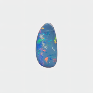 Large 5.42 carat natural Australian opal with a freeform slab cabochon cut featuring a dark base and vibrant multi-color "harlequin" flashes of neon orange, green, and electric blue.