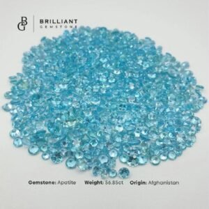 Parcel of vibrant neon blue natural apatite gemstones from Afghanistan, featuring precision-cut round brilliant stones ranging from 0.70 to 1 carat each.