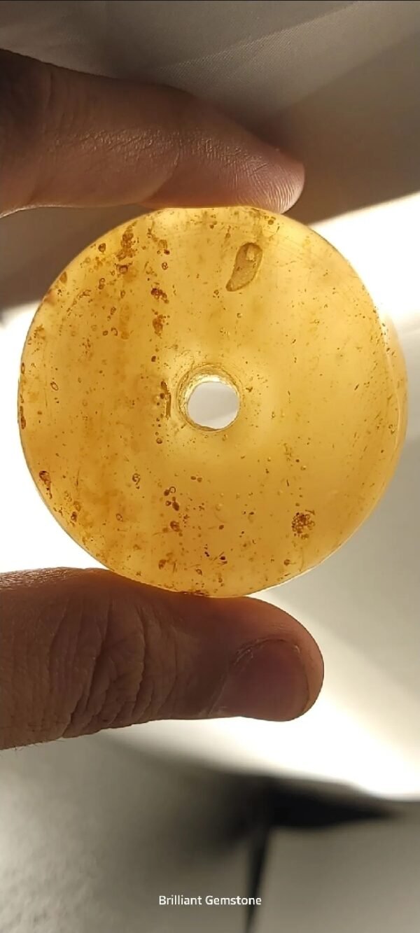 Translucent 250-gram natural copal "Young Amber" specimen carved into a large, flat disc with a central hollow, displaying complex internal organic inclusions and a warm honey-gold transparency.