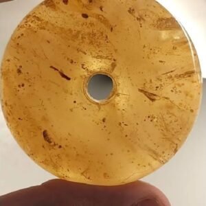 Translucent 250-gram natural copal "Young Amber" specimen carved into a large, flat disc with a central hollow, displaying complex internal organic inclusions and a warm honey-gold transparency.