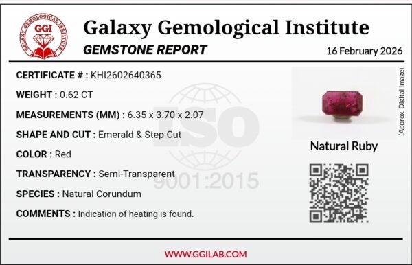 Natural Red Ruby – 0.62 Carat – GGI Certified Emerald & Step Cut | Premium Corundum for Custom Jewelry | Brilliant Gemstone