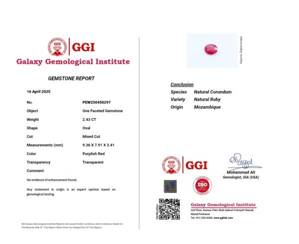GGI certified 2.43 carat natural Mozambique ruby with a purplish red color, oval mixed cut, and transparent clarity, shown alongside its official gemstone report.
