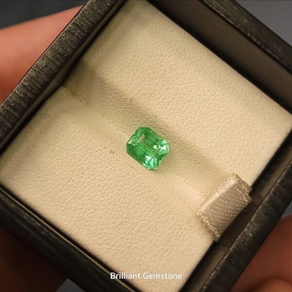 High-clarity 0.84 carat natural Panjshir emerald featuring a classic emerald cut with a luminous mint-to-forest green glow, presented in a black jeweler's display box.