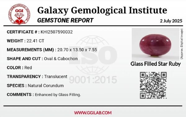 GGI certified 22.41 carat natural star ruby featuring a translucent red body and a smooth oval cabochon cut.