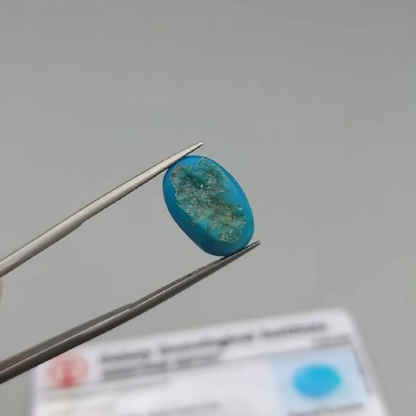 GGI certified 9.03 carat natural Arizona turquoise (Feroza) featuring a vibrant sky-blue color and a perfectly polished oval cabochon cut.