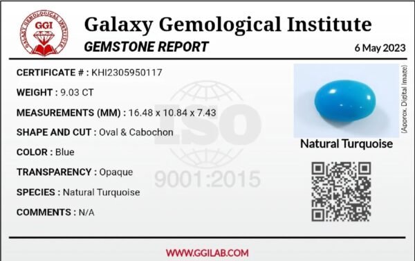 GGI certified 9.03 carat natural Arizona turquoise (Feroza) featuring a vibrant sky-blue color and a perfectly polished oval cabochon cut.