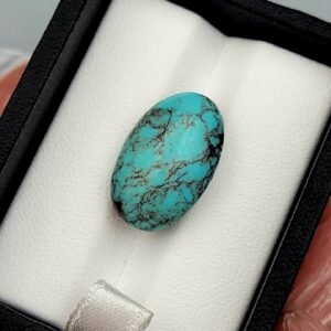 Vibrant 9.73 carat natural Egyptian turquoise (Feroza) oval cabochon featuring a bright sky-blue base with a fine, dark web-like matrix, presented in a black jeweler's display box.