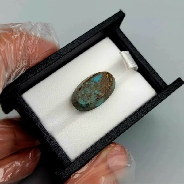 Significant 15.29 carat natural Egyptian turquoise (Feroza) oval cabochon with a rich teal-blue body and an extensive, earthy brown spiderweb matrix.