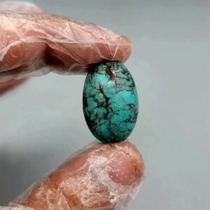 Extraordinary 38.01 carat natural Egyptian turquoise (Feroza) oval cabochon held in gloved hands, featuring a rich teal-blue body with a dramatic, dark spiderweb matrix.