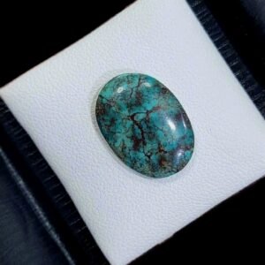 High-polished 4.18 carat natural Egyptian turquoise (Feroza) featuring a classic teal-blue body with a dense, intricate dark brown spiderweb matrix in an oval cabochon cut.