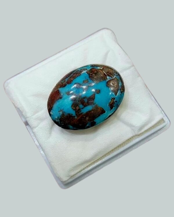 Massive 34.93 carat natural Egyptian turquoise (Feroza) oval cabochon featuring a vibrant teal-blue body with an extensive, high-contrast dark brown spiderweb matrix.