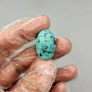 Large 19.65 carat natural Egyptian turquoise (Feroza) oval cabochon featuring a bright robin's egg blue body with a fine, scattered dark black-brown speckled matrix.