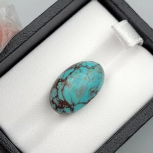 Premium 10.40 carat natural Egyptian turquoise (Feroza) oval cabochon displaying a vivid sky-blue body with an intricate, dark chocolate-brown spiderweb matrix, shown in a black jeweler's box.