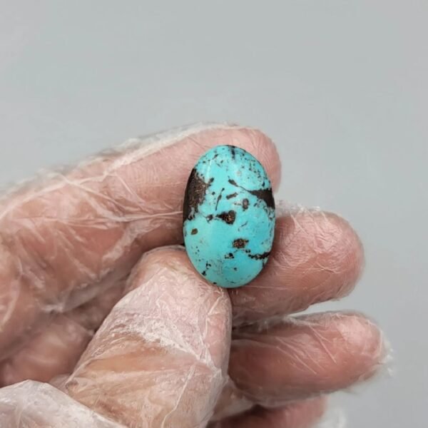 Significant 18.03 carat natural Egyptian turquoise (Feroza) oval cabochon featuring a vibrant sky-blue body with large, bold dark brown matrix "island" clusters.