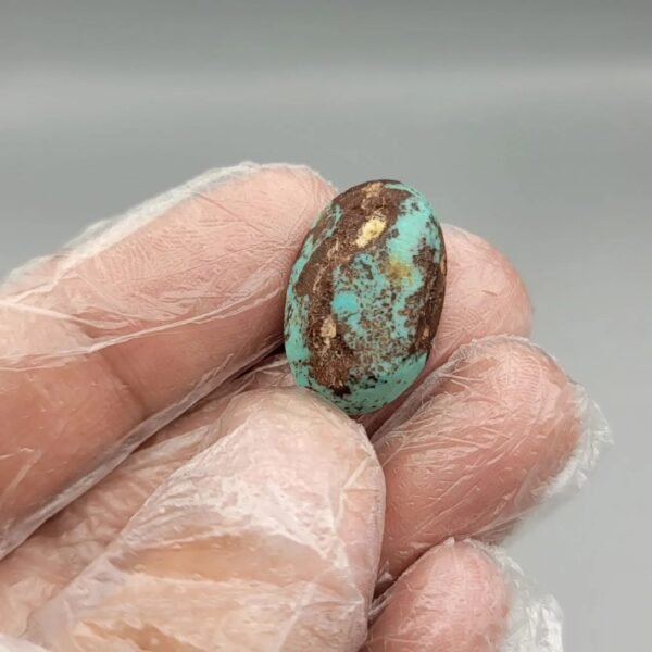 Significant 18.03 carat natural Egyptian turquoise (Feroza) oval cabochon featuring a vibrant sky-blue body with large, bold dark brown matrix "island" clusters.