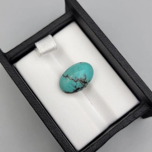 Vibrant 7.04 carat natural Egyptian turquoise (Feroza) oval cabochon displaying a luminous sky-blue surface with a delicate, fine dark-brown spiderweb matrix.