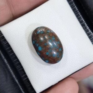 Premium 10.60 carat natural Egyptian turquoise (Feroza) oval cabochon with a vibrant teal-blue body and a dense, dark chocolate-brown spiderweb matrix, presented in a black jeweler's display box.