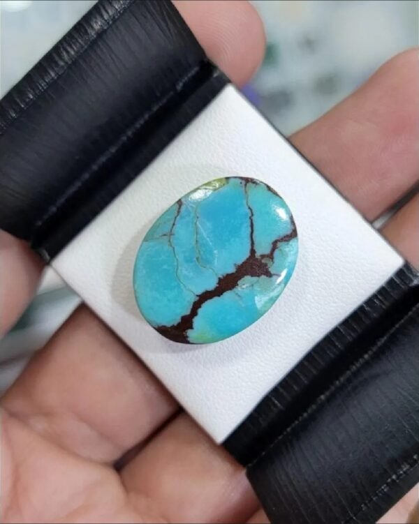 Large 16.53 carat natural Egyptian turquoise (Feroza) oval cabochon featuring a brilliant sky-blue body with a prominent, deep reddish-brown branching matrix.